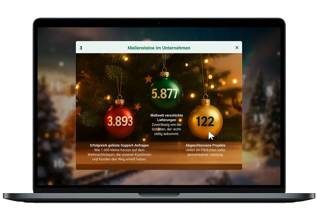 Quizaufgaben im digitalen Adventskalender mit Christbaumkugeln